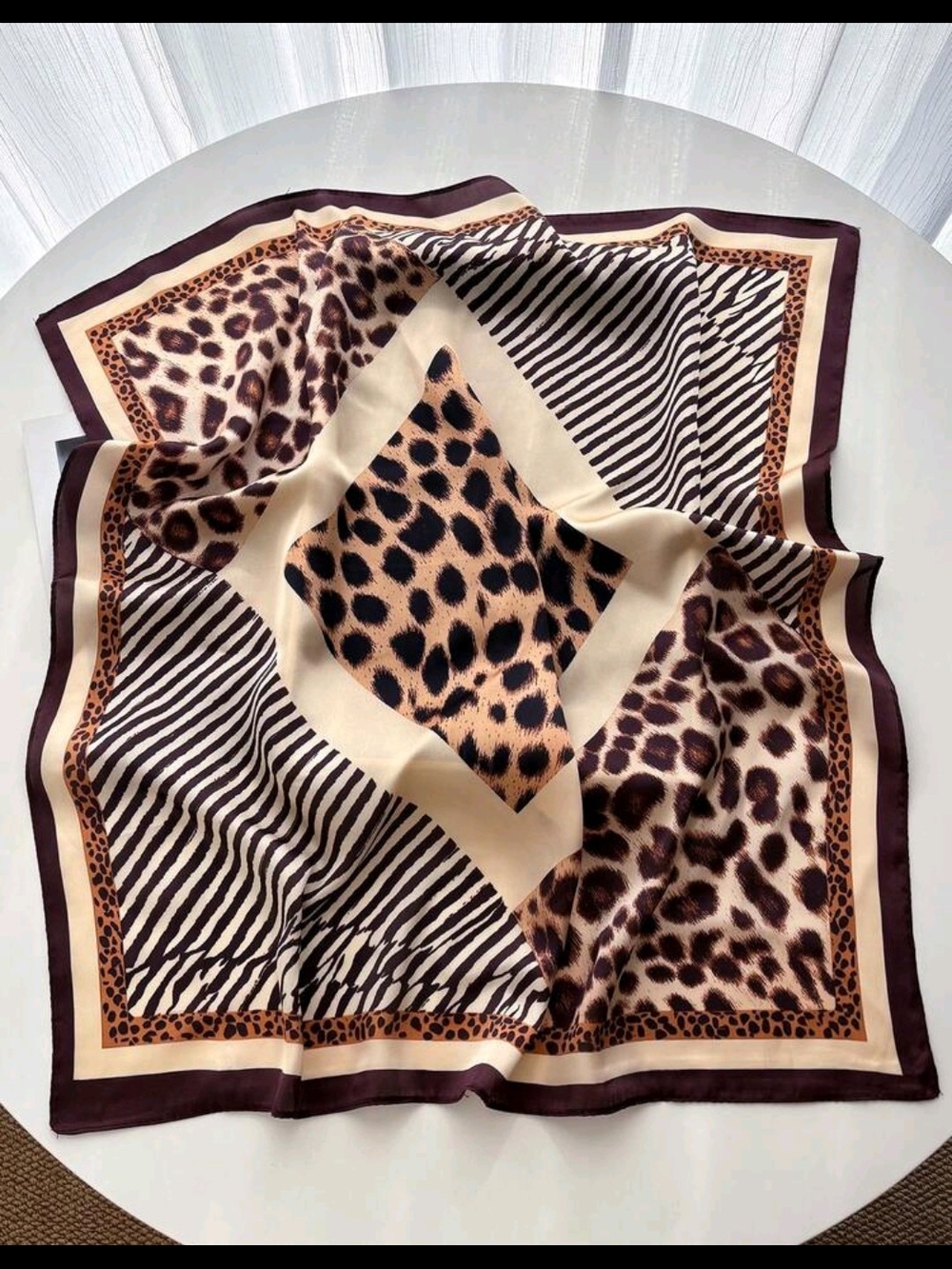 Leopard & Zebra Print Square Scarf - Brown/Cream 26.8"/26.8"